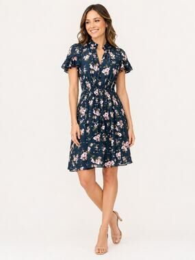 Rebecca Taylor Emilia 100% Silk Floral Dress Navy Pink Mock Neck Keyhole Size 6